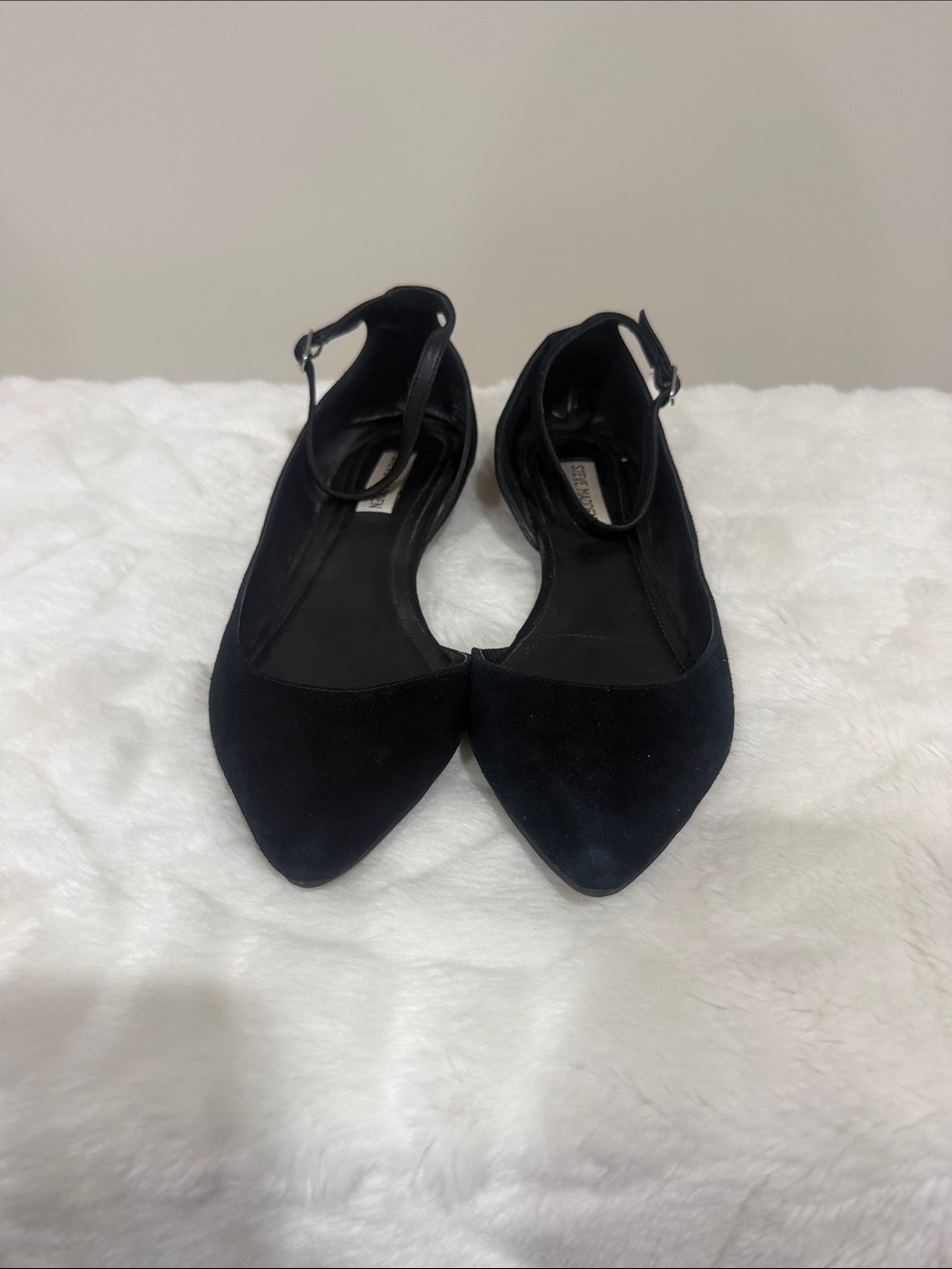 Steve Madden Black Suede Pointed D'Orsay Flats with Ankle Strap - Picture 2 of 7